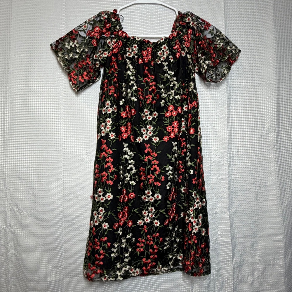 BB Dakota Dress Floral Embroidered Mesh Off Shoulder Shift Boho Romantic XS